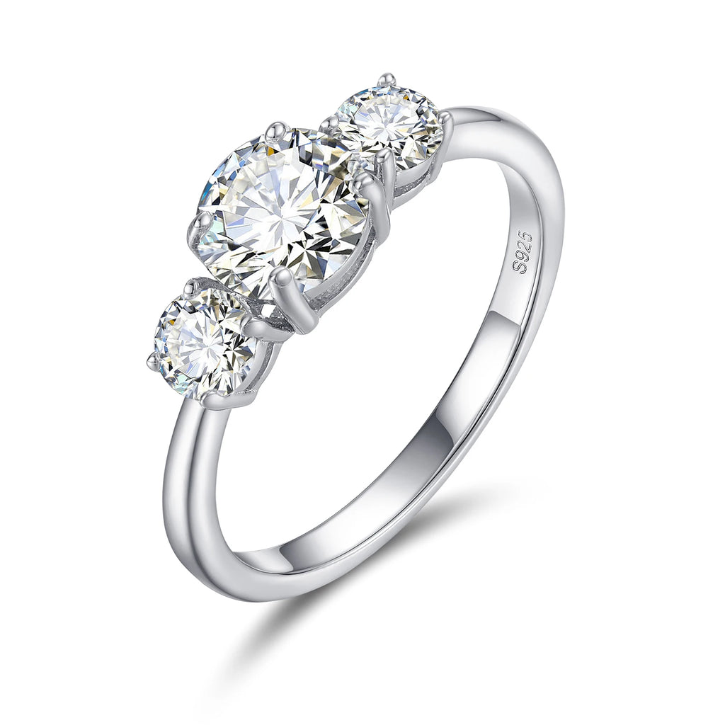Women's Round Brilliant Cut VVS Moissanite Three Stone Ring 925 Sterling Silver