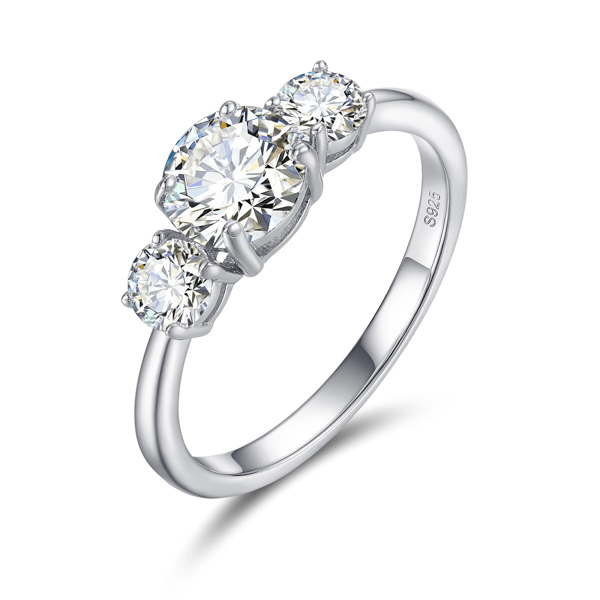 Women's Round Brilliant Cut VVS Moissanite Three Stone Ring 925 Sterling Silver
