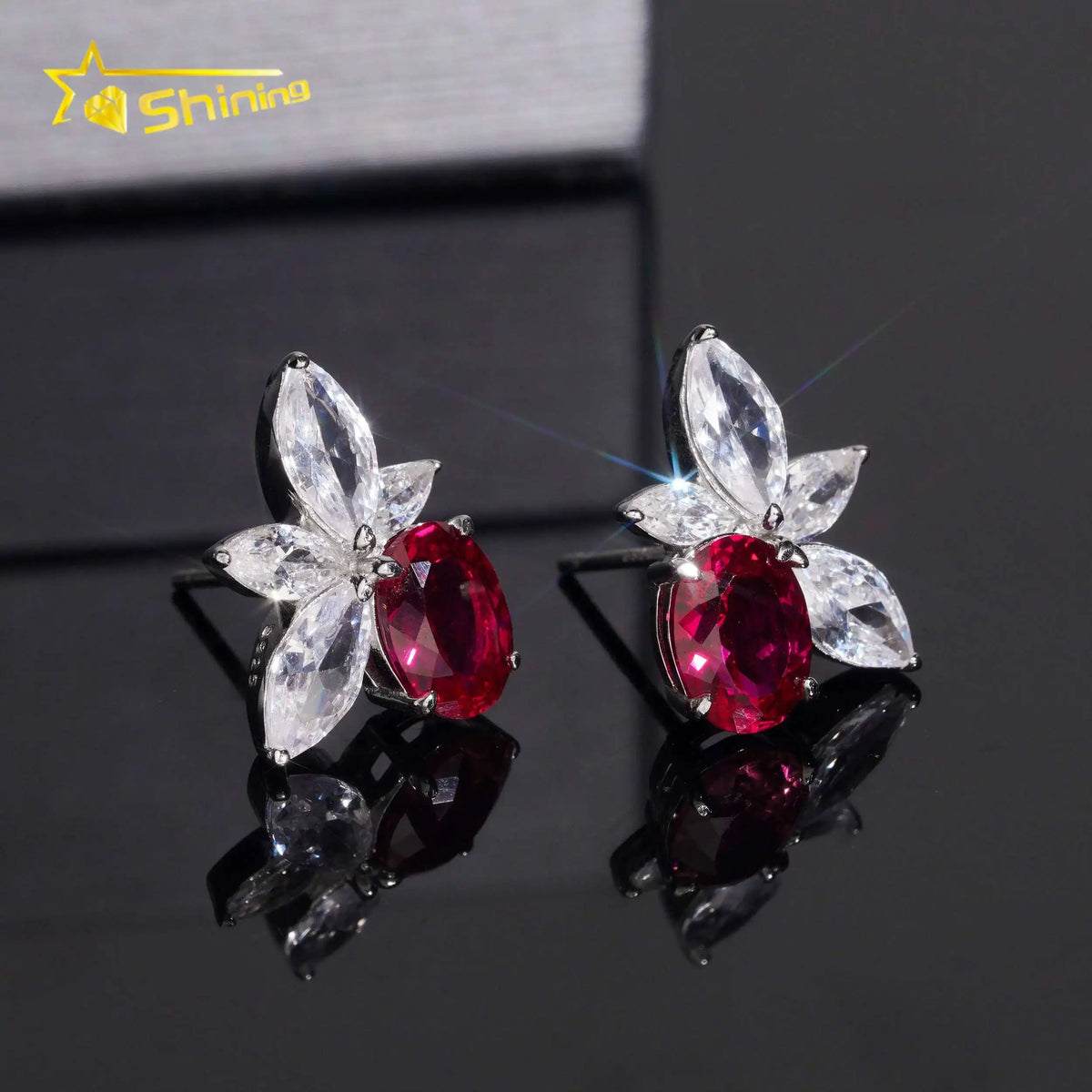 Women's 925 Sterling Silver Lab Grown Ruby and Moissanite Stud Earrings