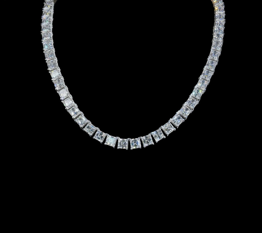 Unisex Iced Out Asscher Cut Moissanite Tennis Chain Necklace 925 Sterling Silver