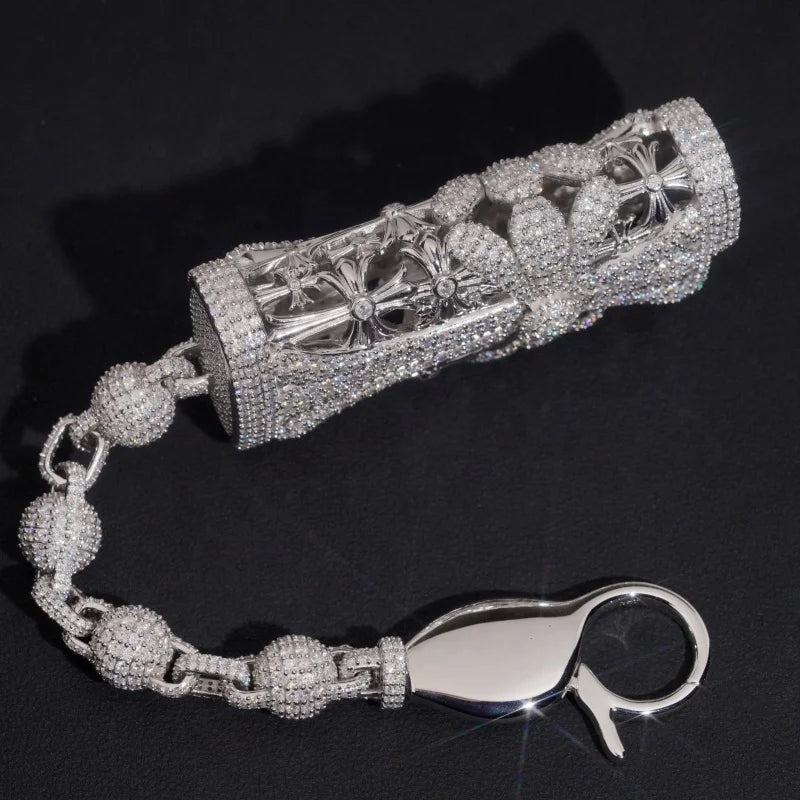 Men's Baguette Cut Moissanite Lighter Case Cross Charm Pendant 925 Sterling Silver