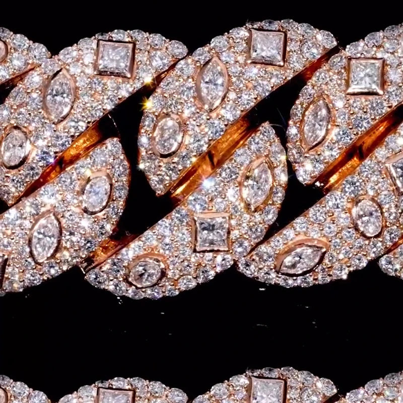 Men's 15mm Round Brilliant Cut Moissanite Cuban Link Chain Necklace 925 Sterling Silver Rose Gold Plated