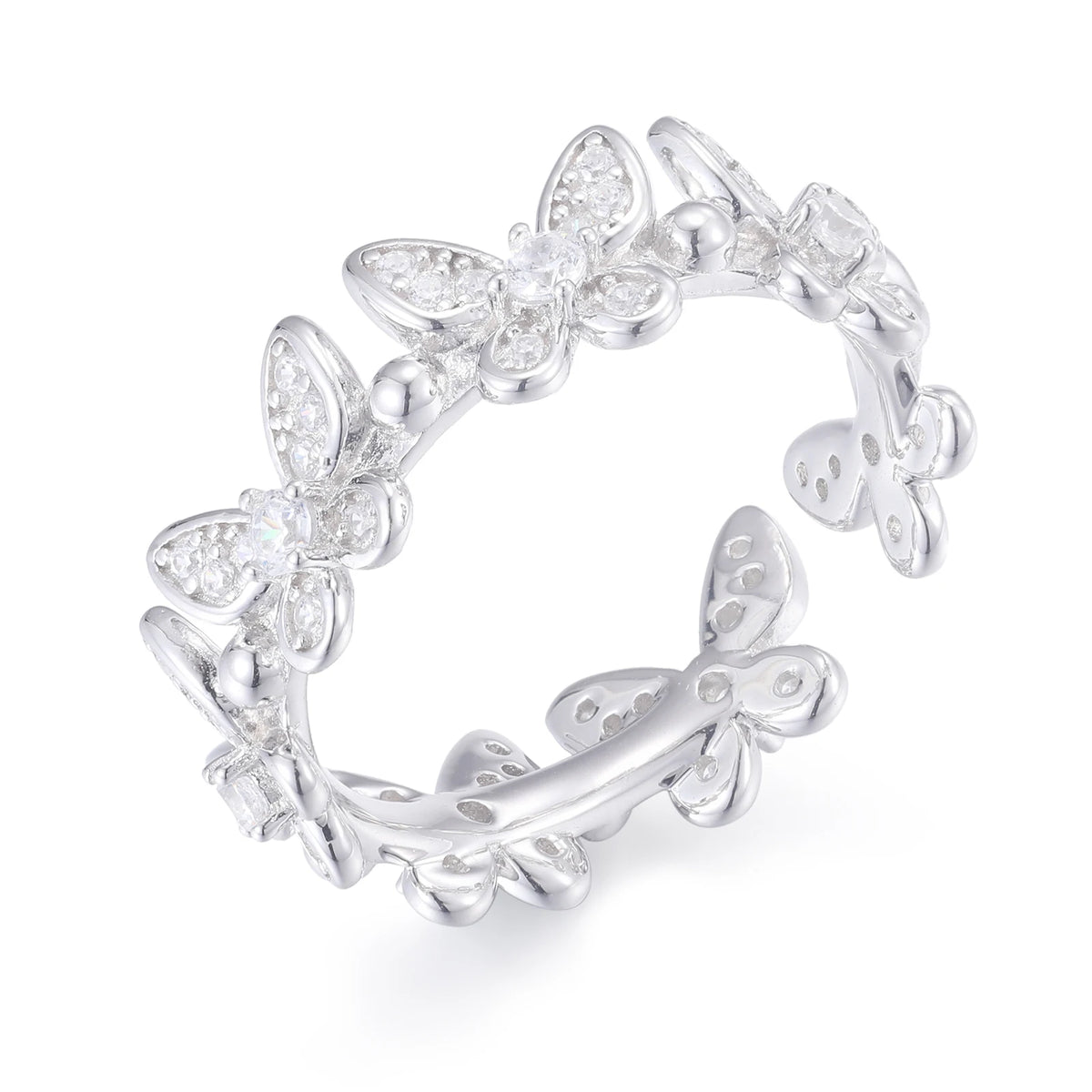 Unisex Iced Out 925 Sterling Silver VVS Moissanite Round Brilliant Cut Adjustable Butterfly Ring