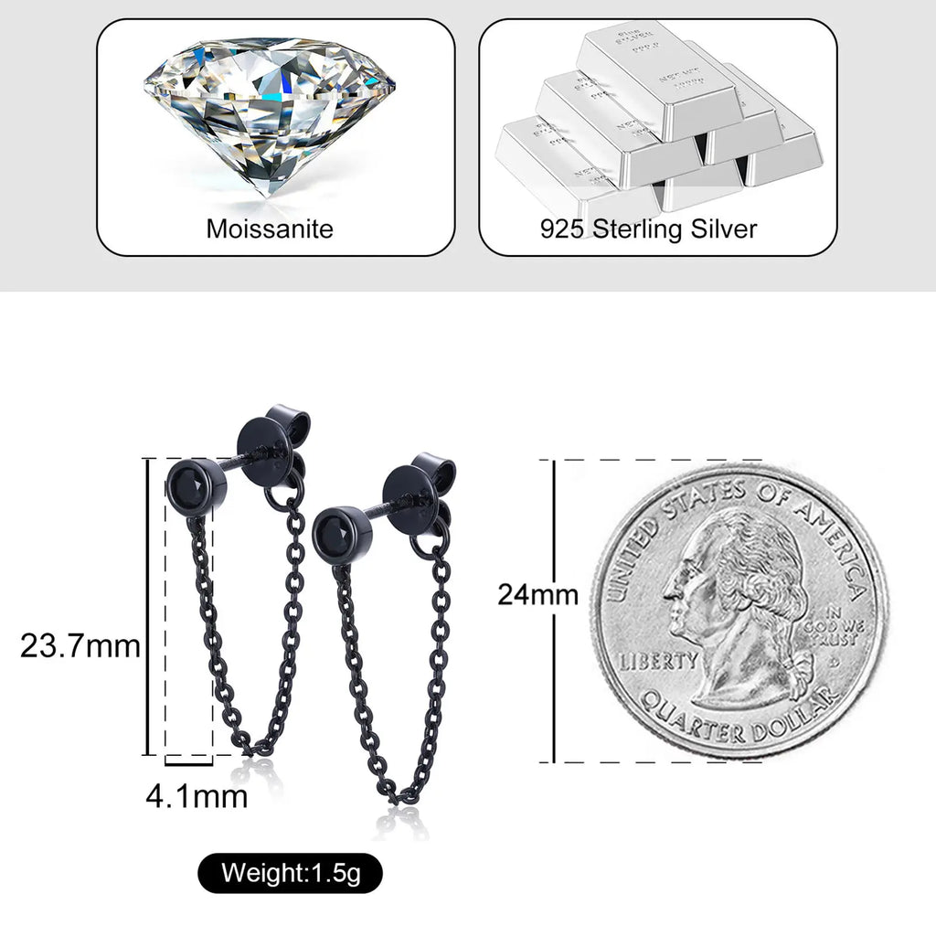 Unisex Iced Out 925 Sterling Silver Black Rhodium Plated VVS Moissanite Round Brilliant Cut Geometric Stud Earrings