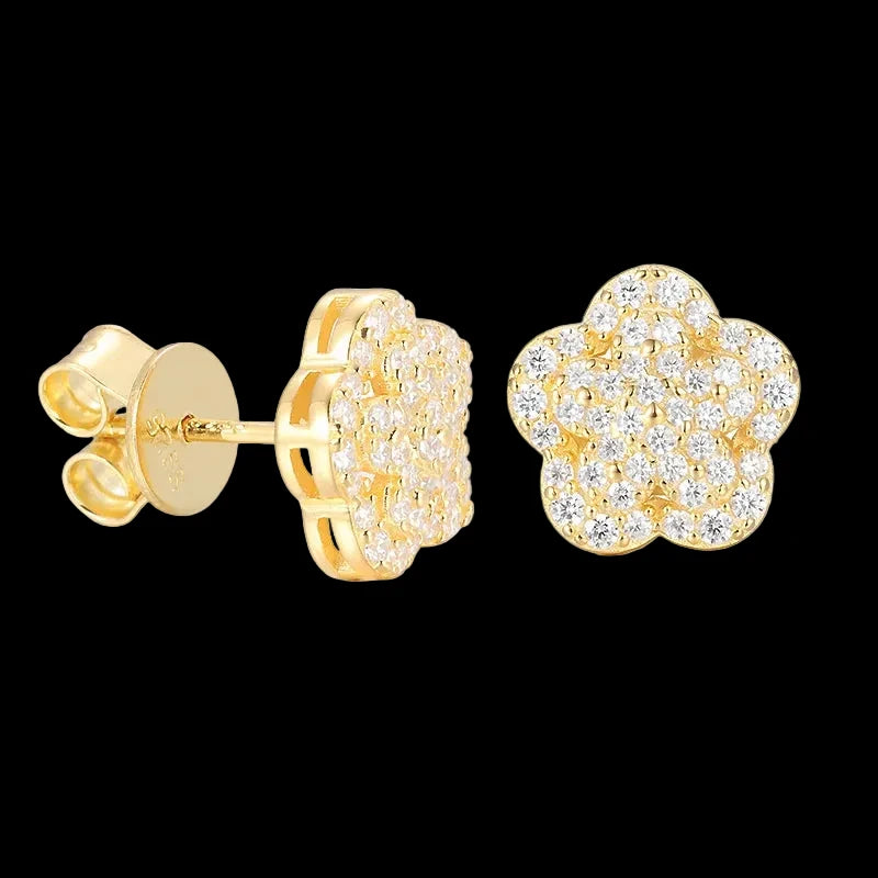 Unisex Iced Out 925 Sterling Silver Gold Plated VVS Moissanite Round Brilliant Cut Flower Stud Earrings