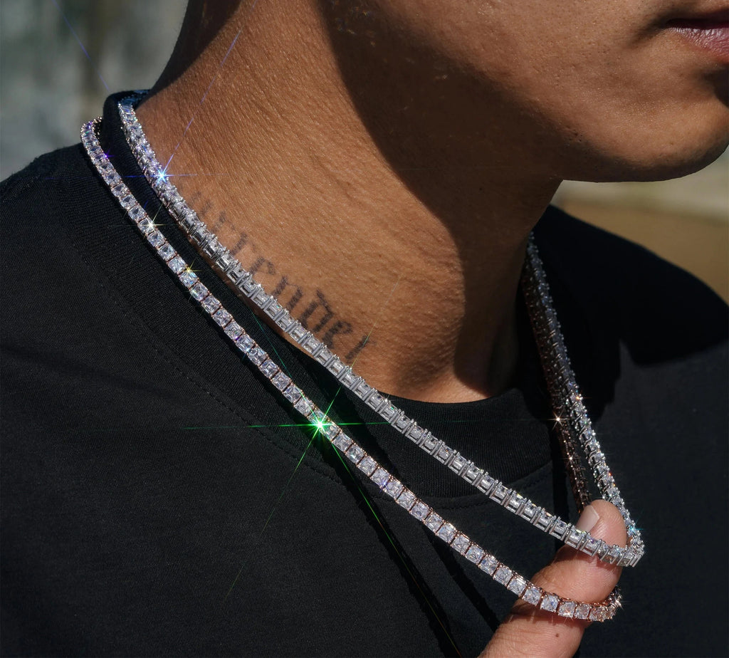 Unisex Iced Out 925 Sterling Silver VVS Moissanite Asscher Cut Tennis Chain Necklace 4mm