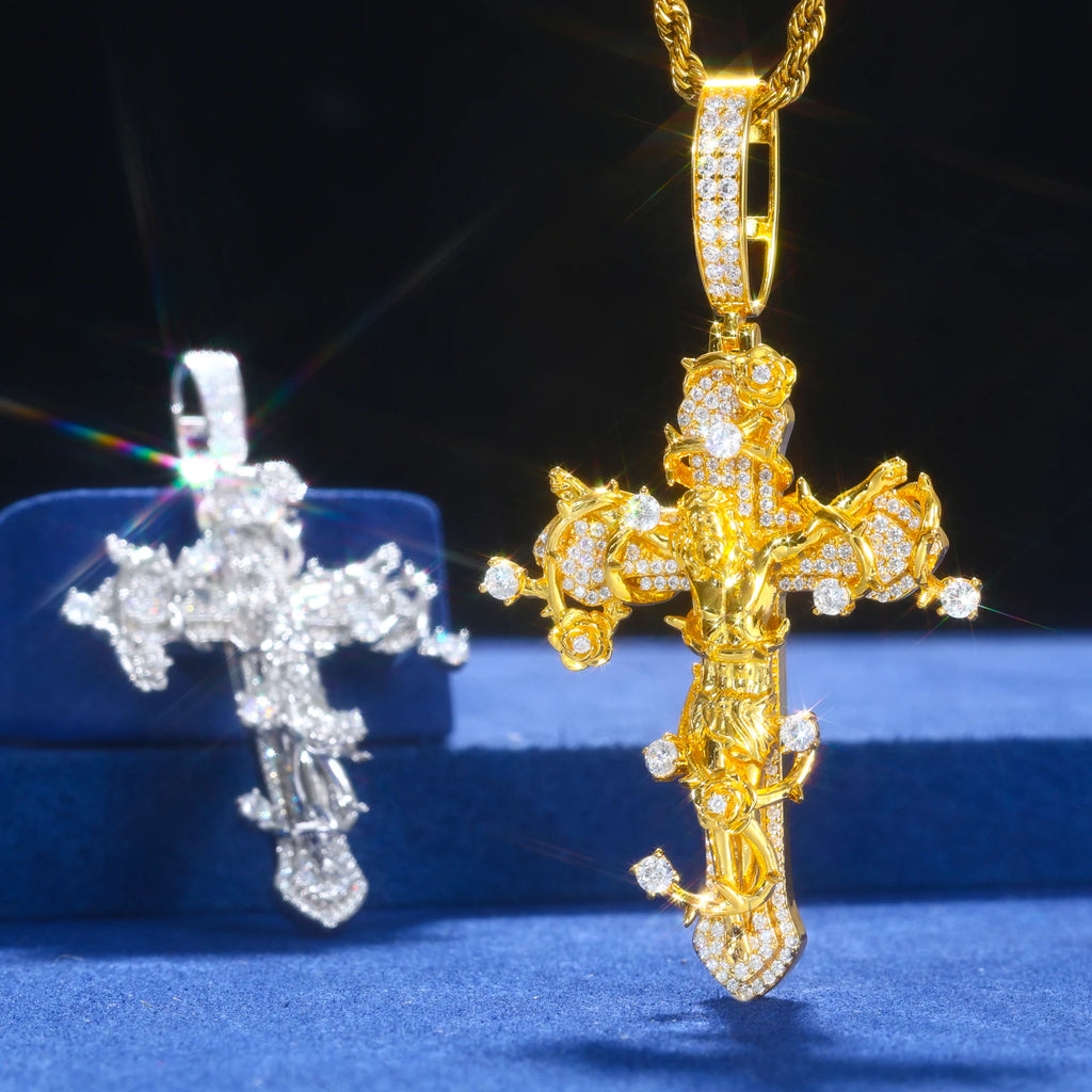 Unisex 925 Sterling Silver VVS Moissanite Iced Out Thorns Crucifix Jesus Pendant TQP0683