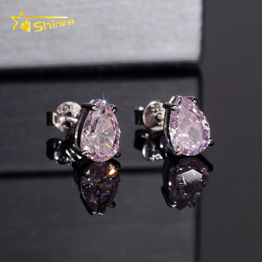 Unisex Iced Out 925 Sterling Silver Rhodium Plated VVS Moissanite Pear Cut Sakura Lab Grown Gemstone Stud Earrings