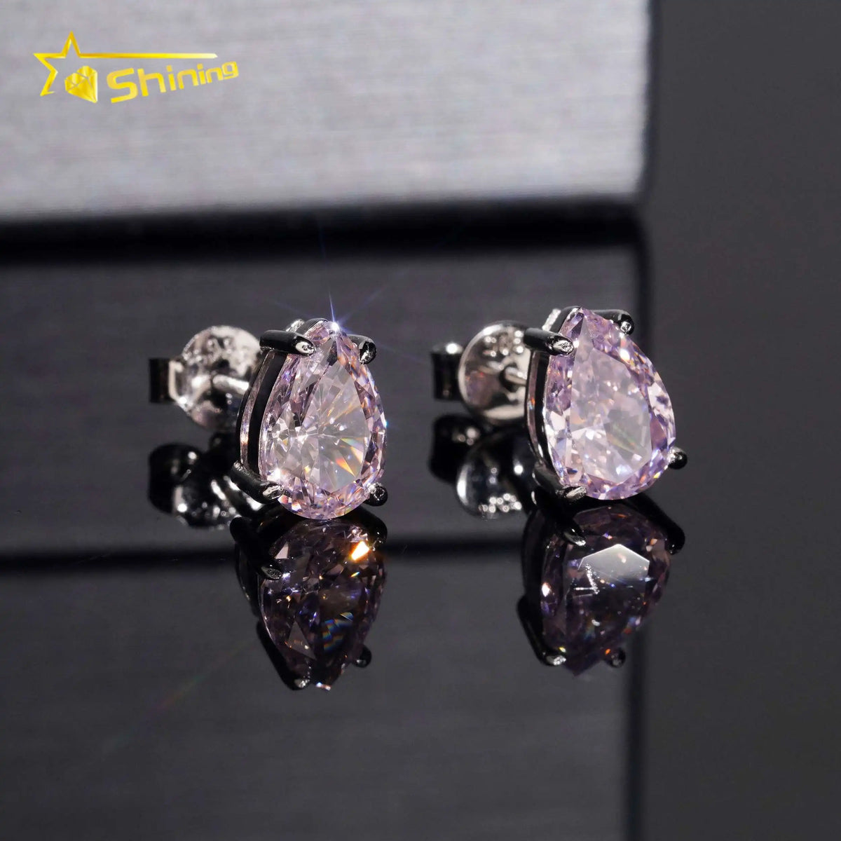 Unisex Iced Out 925 Sterling Silver Rhodium Plated VVS Moissanite Pear Cut Sakura Lab Grown Gemstone Stud Earrings