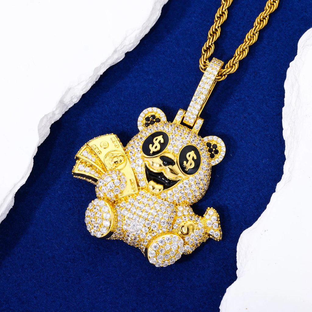 Men's 925 Sterling Silver VVS Moissanite Iced Out Money Dollar Teddy Bear Pendant TQP0891