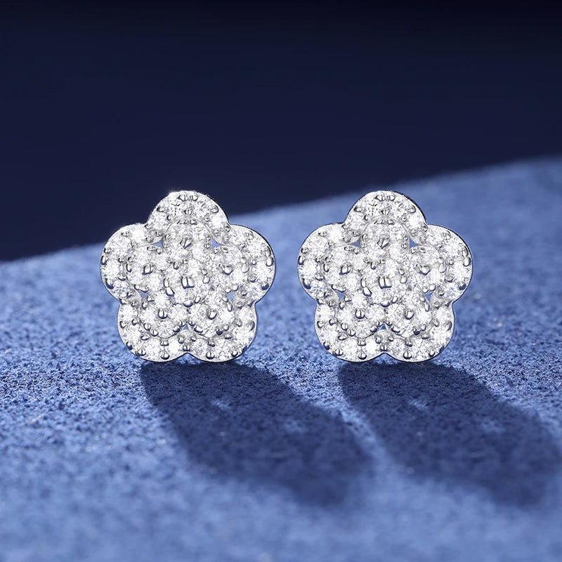 Unisex Iced Out 925 Sterling Silver Gold Plated VVS Moissanite Round Brilliant Cut Flower Stud Earrings
