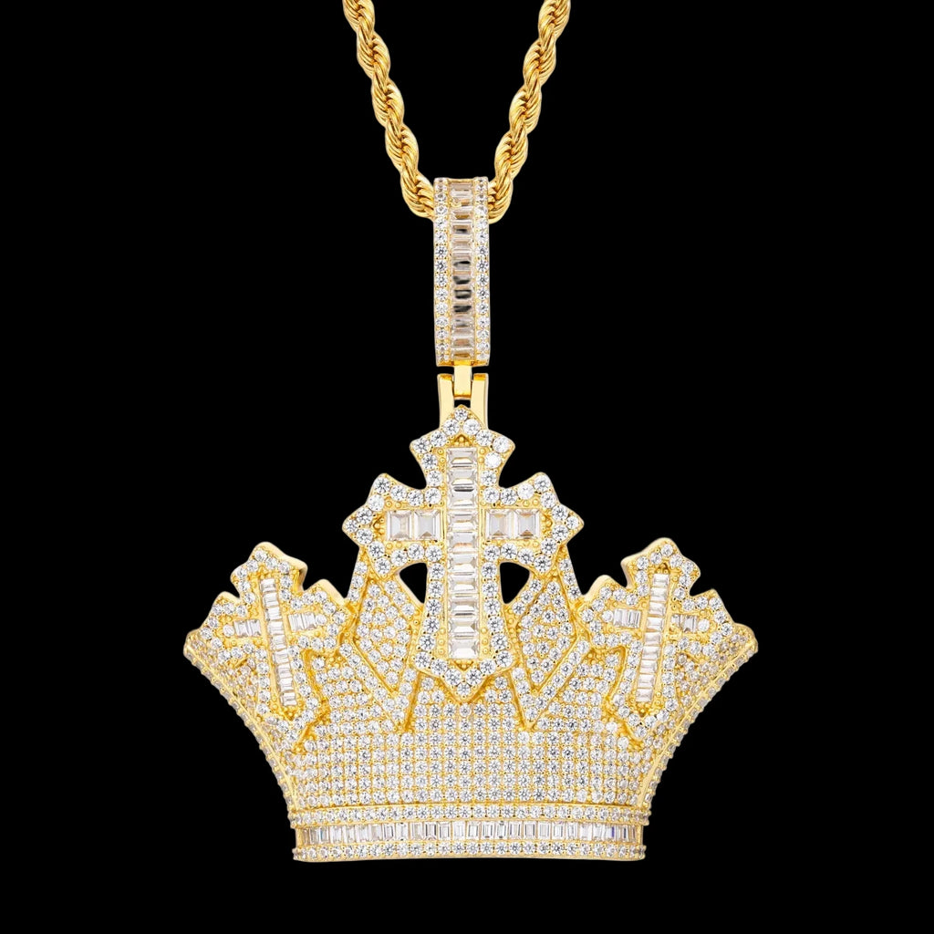 Unisex 925 Sterling Silver VVS Moissanite Iced Out Crown Cross Pendant TQP1055