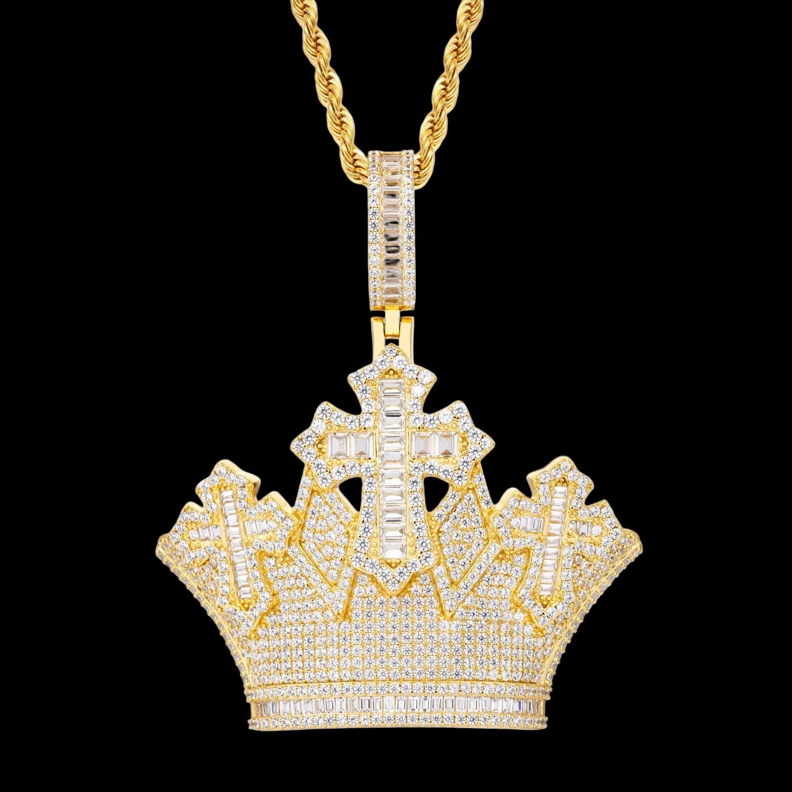 Unisex 925 Sterling Silver VVS Moissanite Iced Out Crown Cross Pendant TQP1055