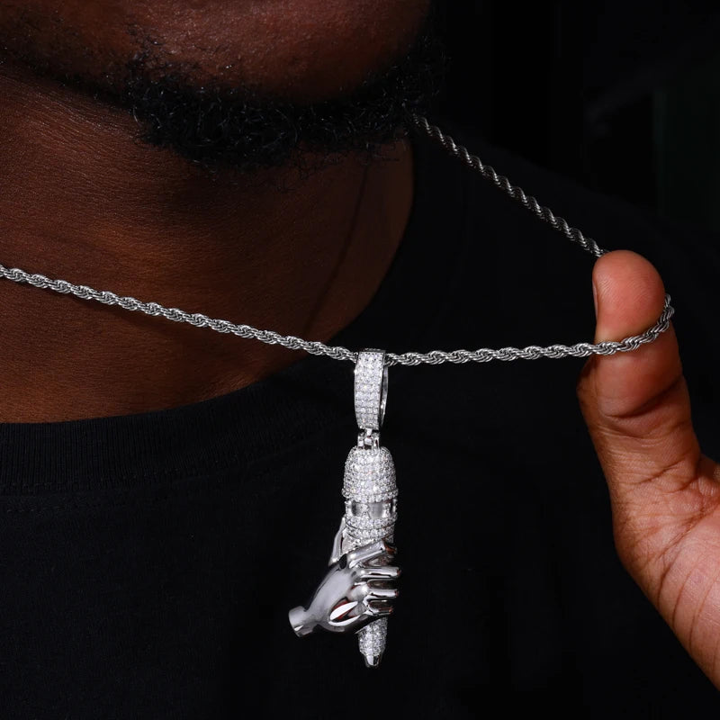Unisex Iced Out Microphone Pendant 925 Sterling Silver VVS Moissanite TQP0839
