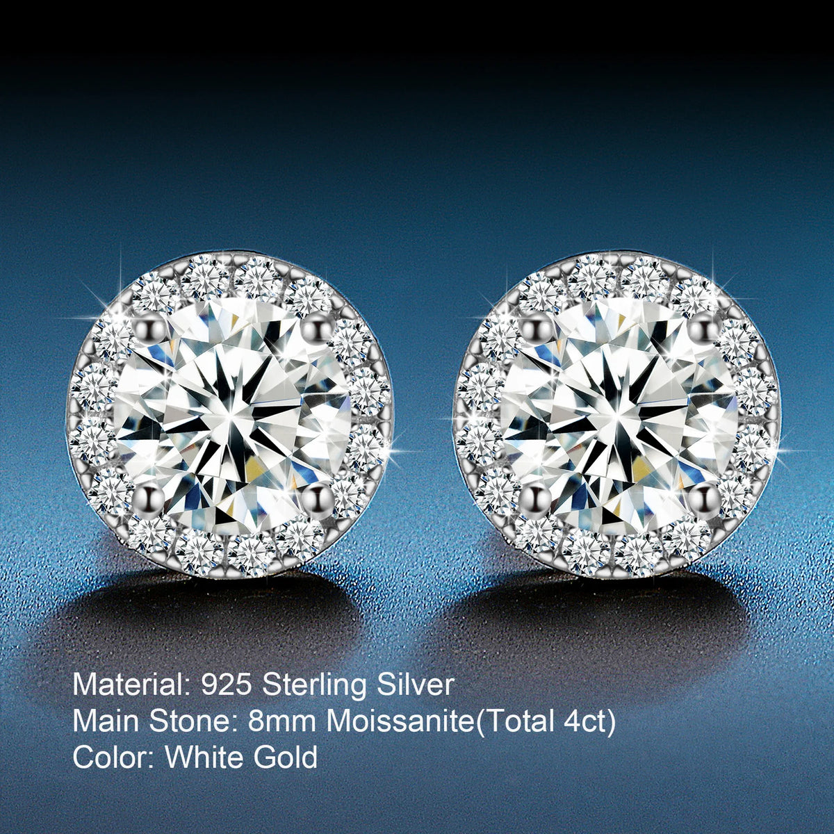 Unisex Iced Out 925 Sterling Silver White Gold Plated VVS Moissanite Round Brilliant Cut Halo Stud Earrings