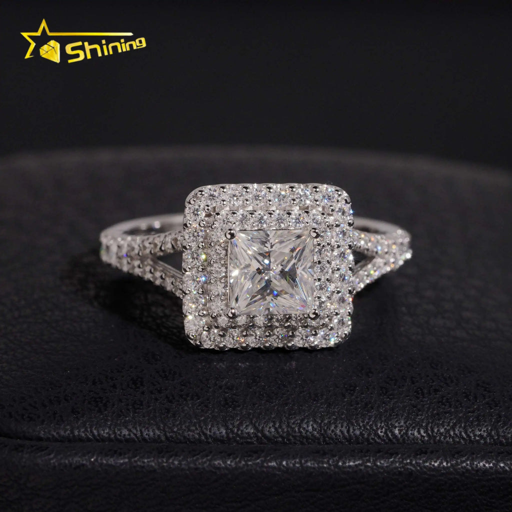 Women's Iced Out 925 Sterling Silver Princess Cut VVS Moissanite Wedding Engagement Ring