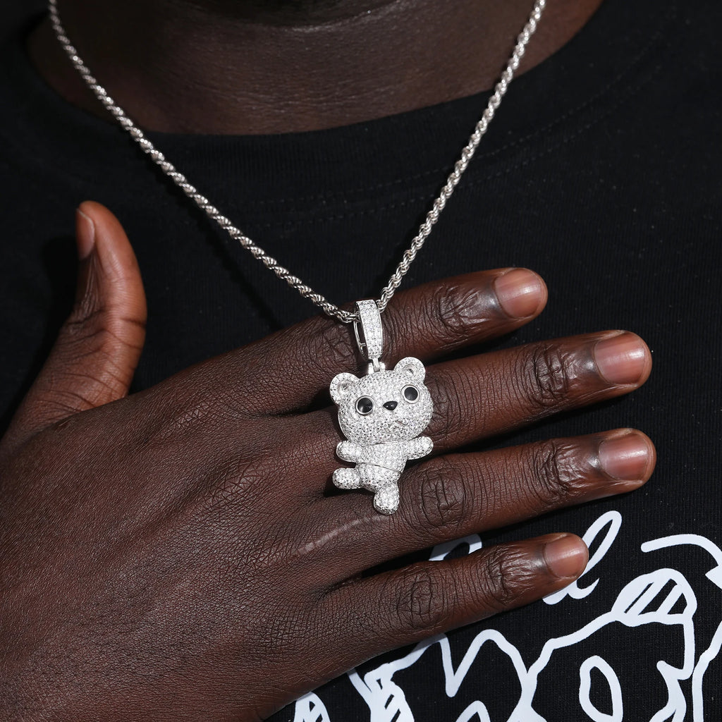 Unisex 925 Sterling Silver VVS Moissanite Dancing Little Bear Iced Out Pendant