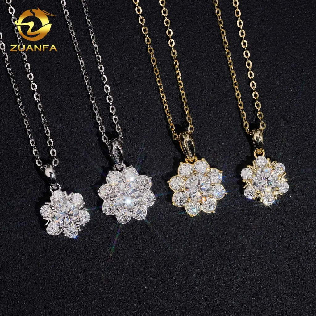 Unisex 925 Sterling Silver Moissanite Flower Shape Pendant Necklace