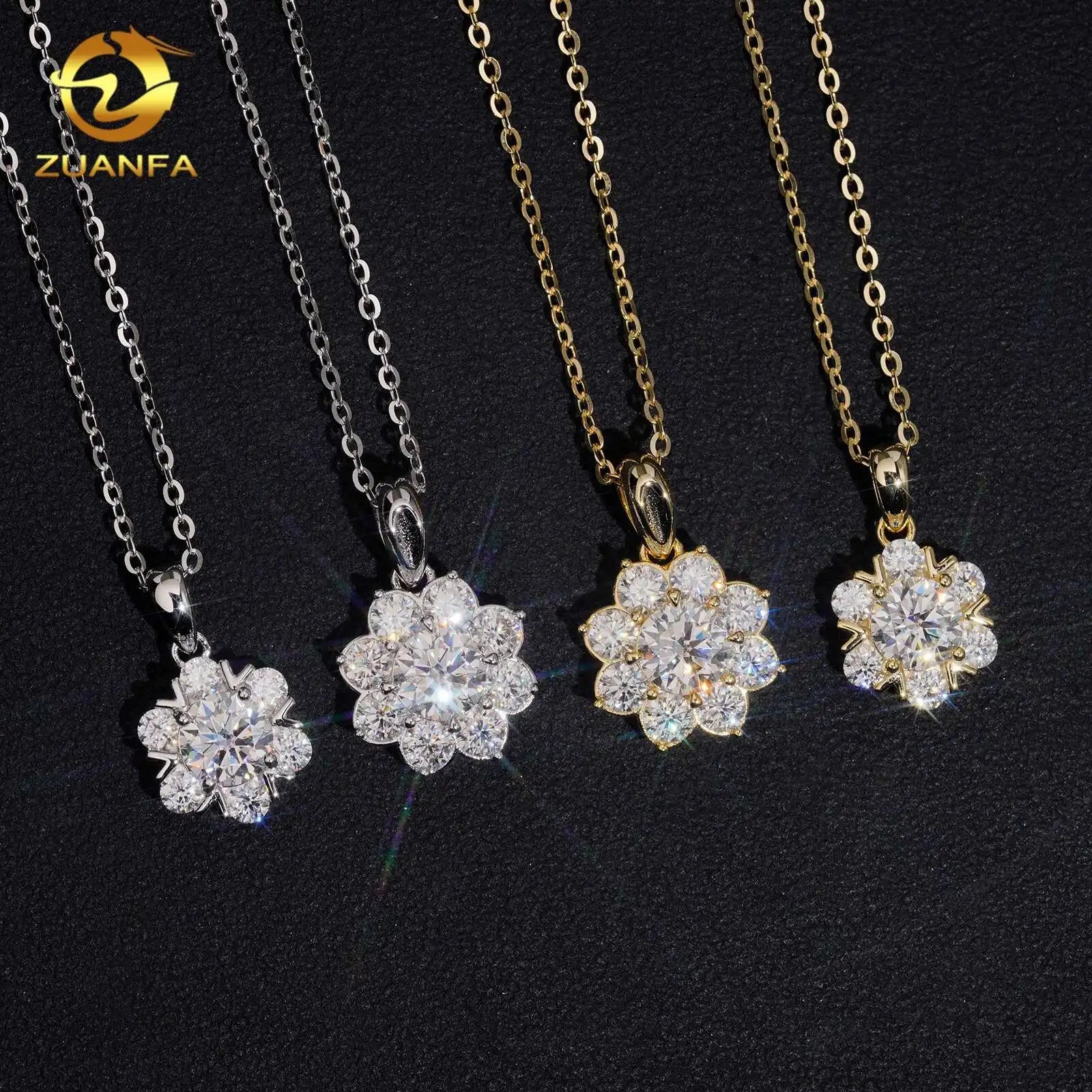 Unisex 925 Sterling Silver Moissanite Flower Shape Pendant Necklace