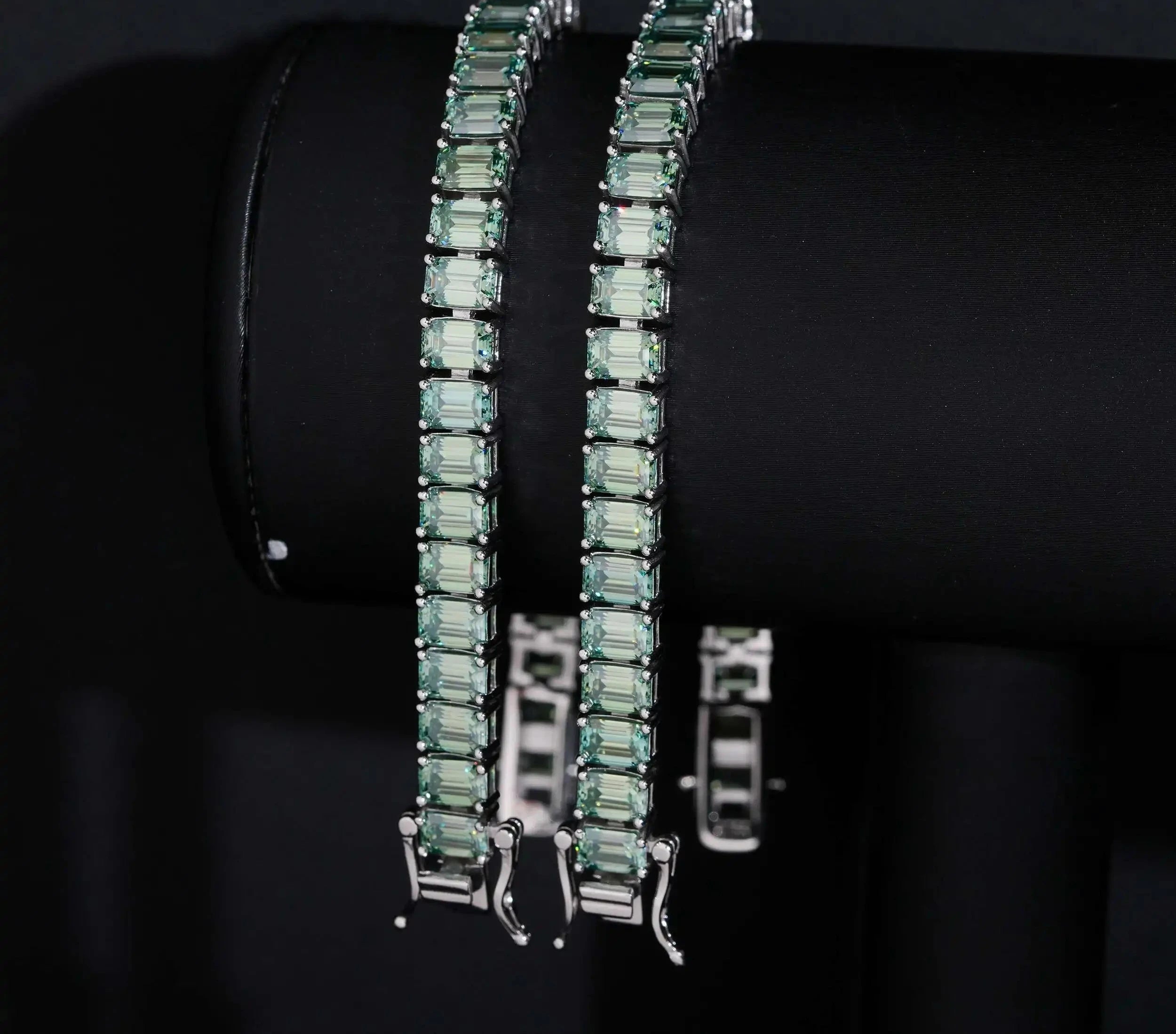Men's Iced Out 925 Sterling Silver Emerald Cut Blue Green Moissanite Tennis Bracelet