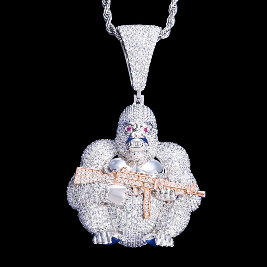 Unisex Iced Out Gorilla Holding AK Pendant 925 Sterling Silver VVS Moissanite TQP0867