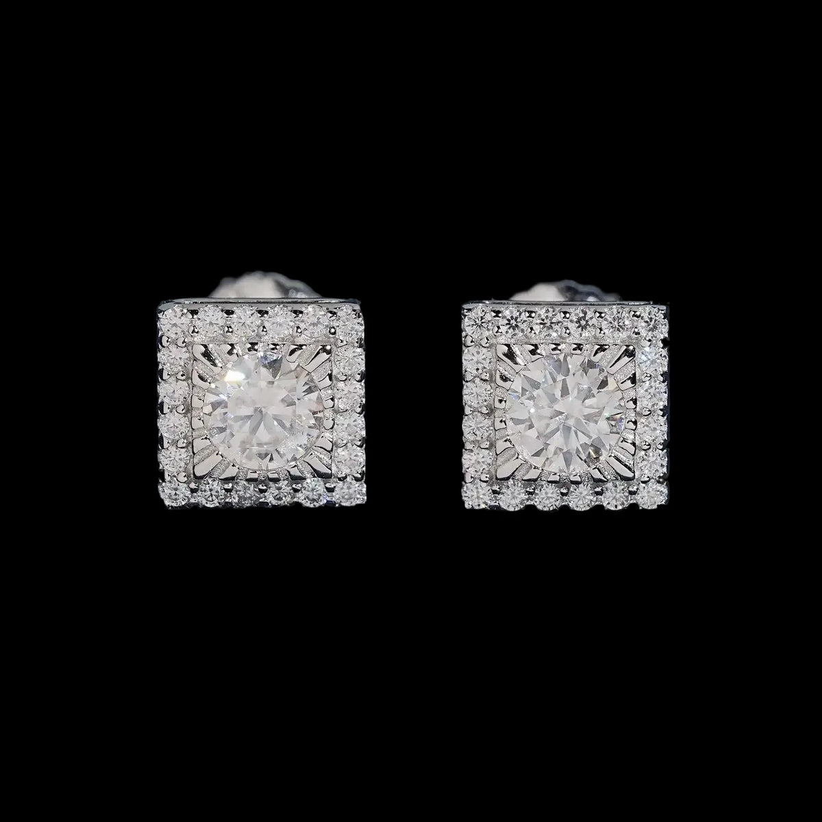 Unisex Iced Out 925 Sterling Silver Rhodium Plated VVS Moissanite Round Brilliant Cut Square Halo Stud Earrings