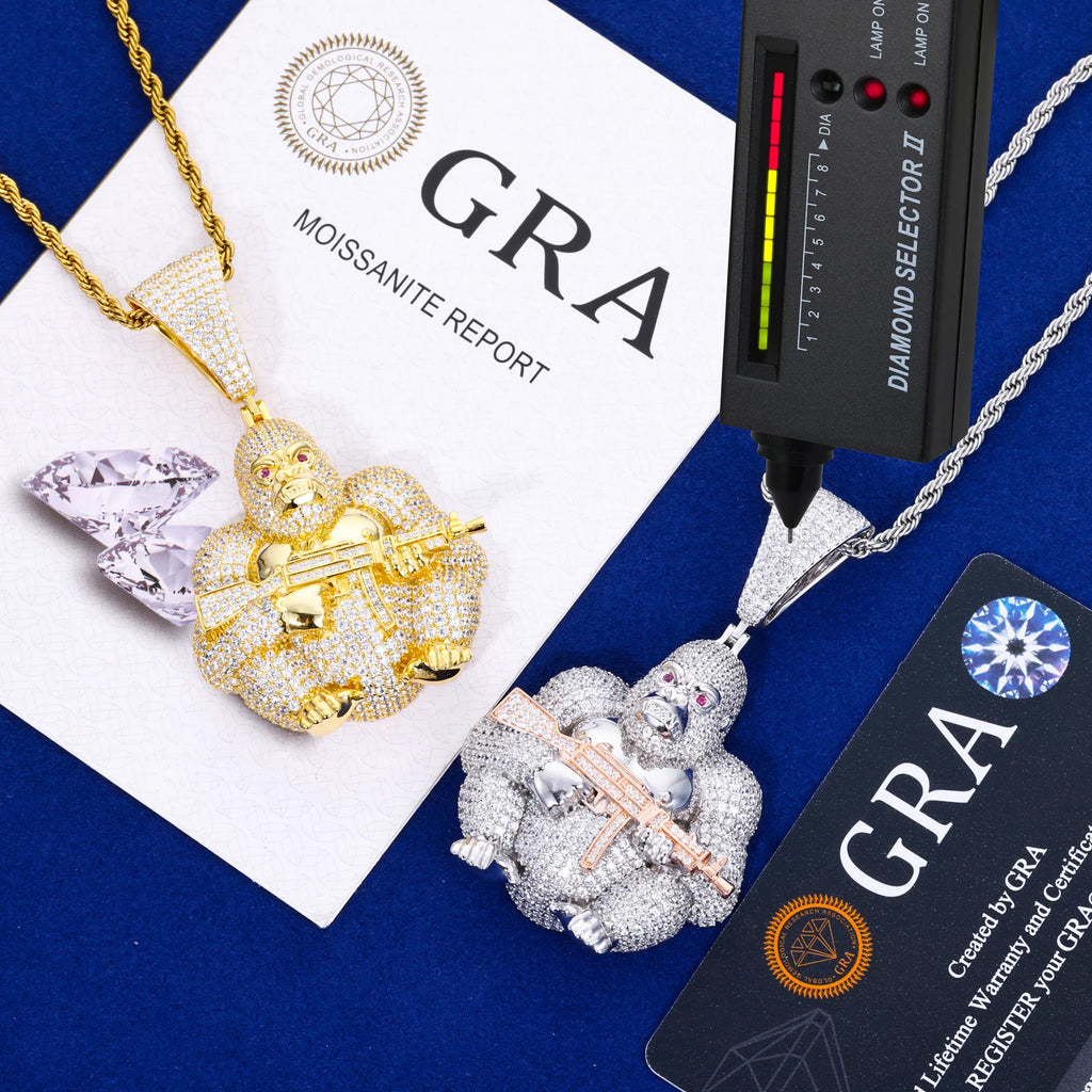 Unisex Iced Out Gorilla Holding AK Pendant 925 Sterling Silver VVS Moissanite TQP0867