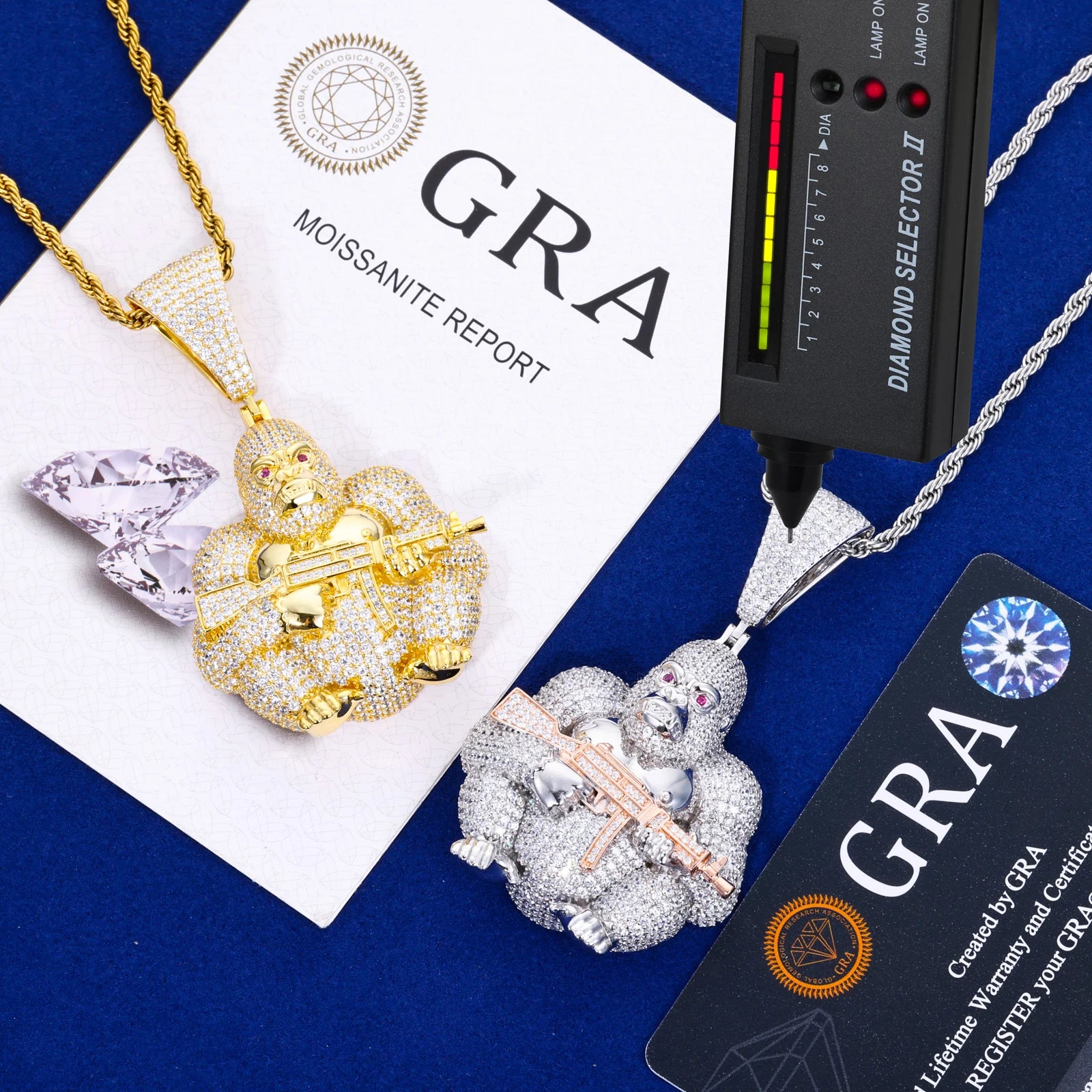 Unisex Iced Out Gorilla Holding AK Pendant 925 Sterling Silver VVS Moissanite TQP0867