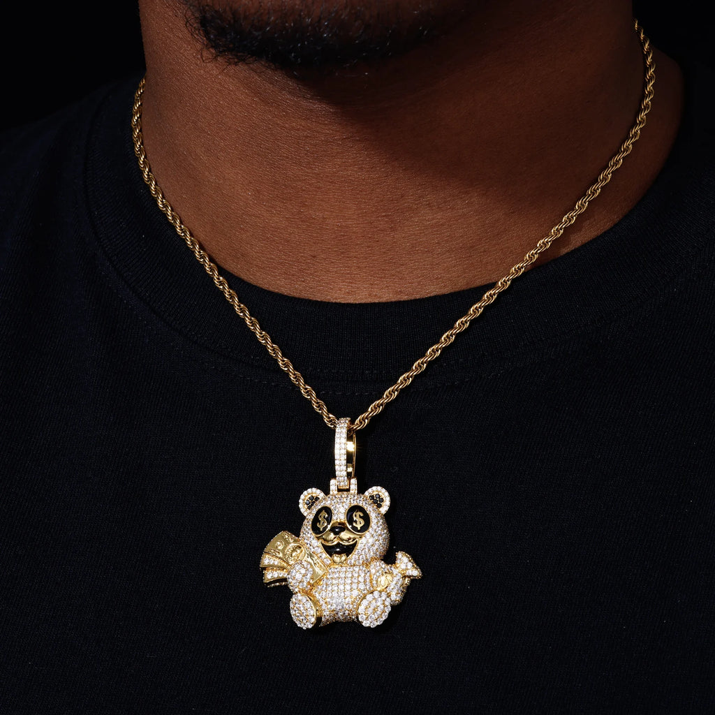 Men's 925 Sterling Silver VVS Moissanite Iced Out Money Dollar Teddy Bear Pendant TQP0891