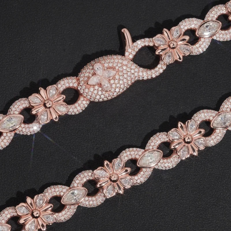 Unisex 15mm Cross Infinity Link Round Brilliant Cut VVS Moissanite Cuban Link Chain Necklace Rose Gold Plated 925 Sterling Silver