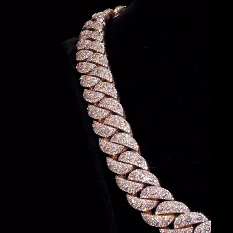 Men's 15mm Round Brilliant Cut Moissanite Cuban Link Chain Necklace 925 Sterling Silver Rose Gold Plated