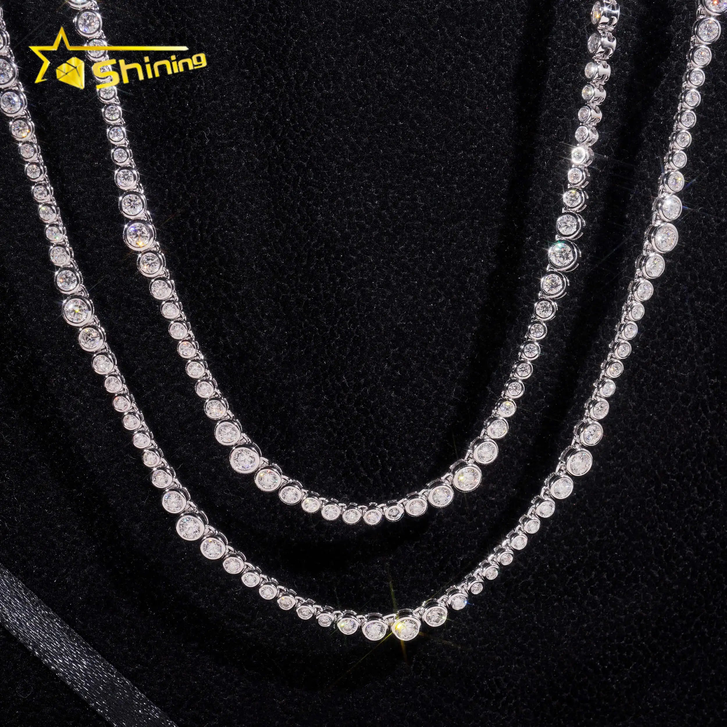 Unisex 2mm Round Brilliant Cut VVS Moissanite Bezel Choker Necklace Rhodium Plated 925 Sterling Silver