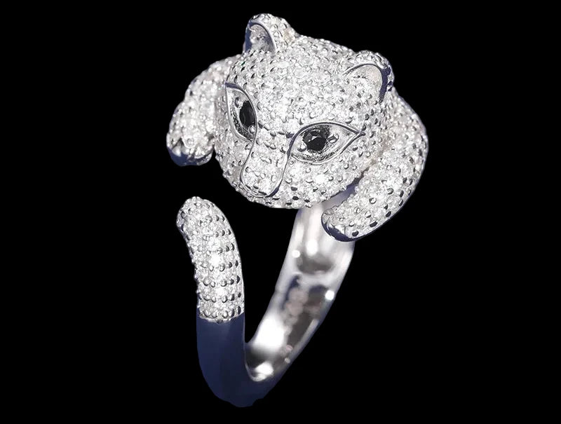 Unisex Round Brilliant Cut VVS Moissanite Leopard Head Ring 925 Sterling Silver