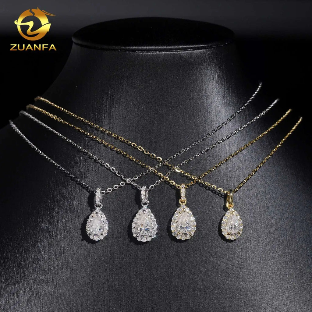 Unisex Iced Out 925 Sterling Silver VVS Moissanite Pear Shape Pendant Necklace