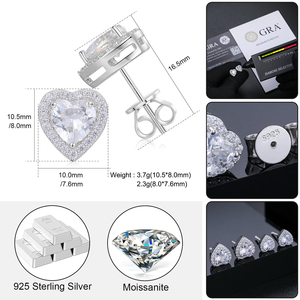 Unisex Iced Out 925 Sterling Silver VVS Moissanite Heart Cut Stud Earrings