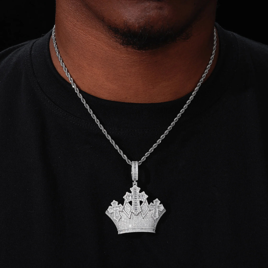 Unisex 925 Sterling Silver VVS Moissanite Iced Out Crown Cross Pendant TQP1055