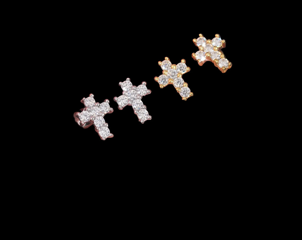 Unisex Iced Out 925 Sterling Silver VVS Moissanite Round Brilliant Cut Cross Screw Back Stud Earrings