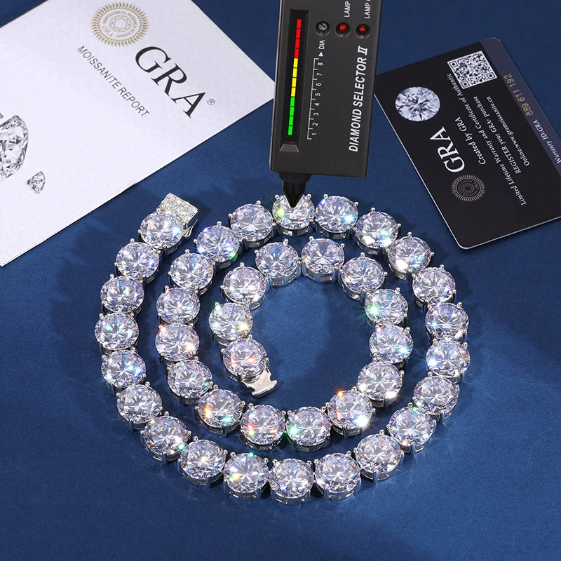Unisex Iced Out 925 Sterling Silver Rhodium Plated VVS Moissanite Round Brilliant Cut Tennis Chain Necklace 15mm