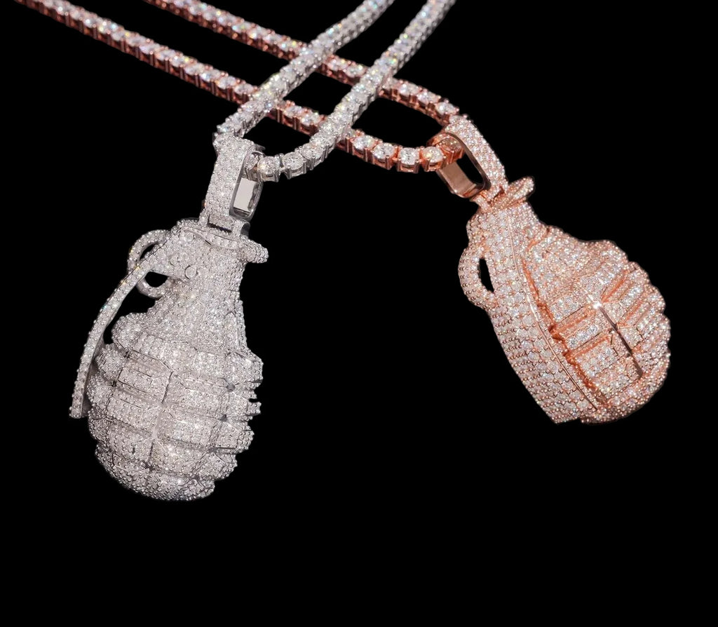 Unisex Iced Out Hand Grenade Pendant 925 Sterling Silver VVS Moissanite BP5181