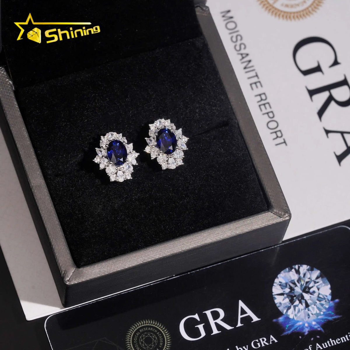 Women's Royal Blue Sapphire and Moissanite Stud Earrings 925 Sterling Silver