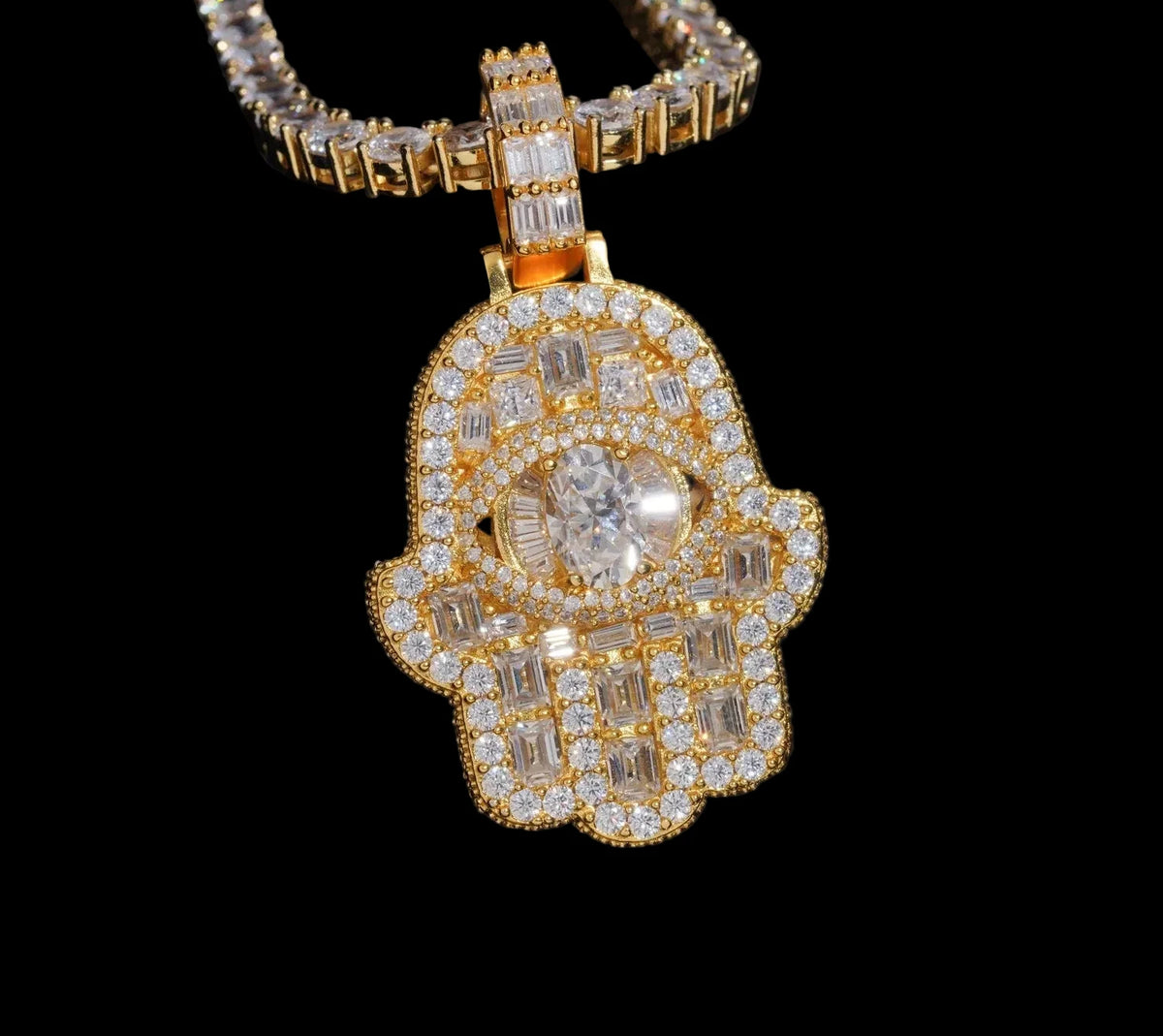 Unisex 925 Sterling Silver VVS Moissanite Hamsa Iced Out Pendant