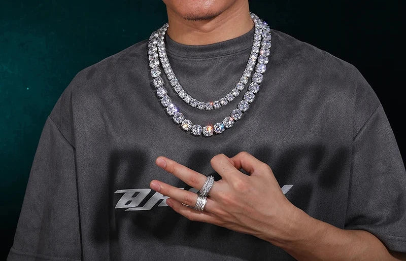 Unisex Iced Out 925 Sterling Silver Rhodium Plated VVS Moissanite Round Brilliant Cut Tennis Chain Necklace 15mm