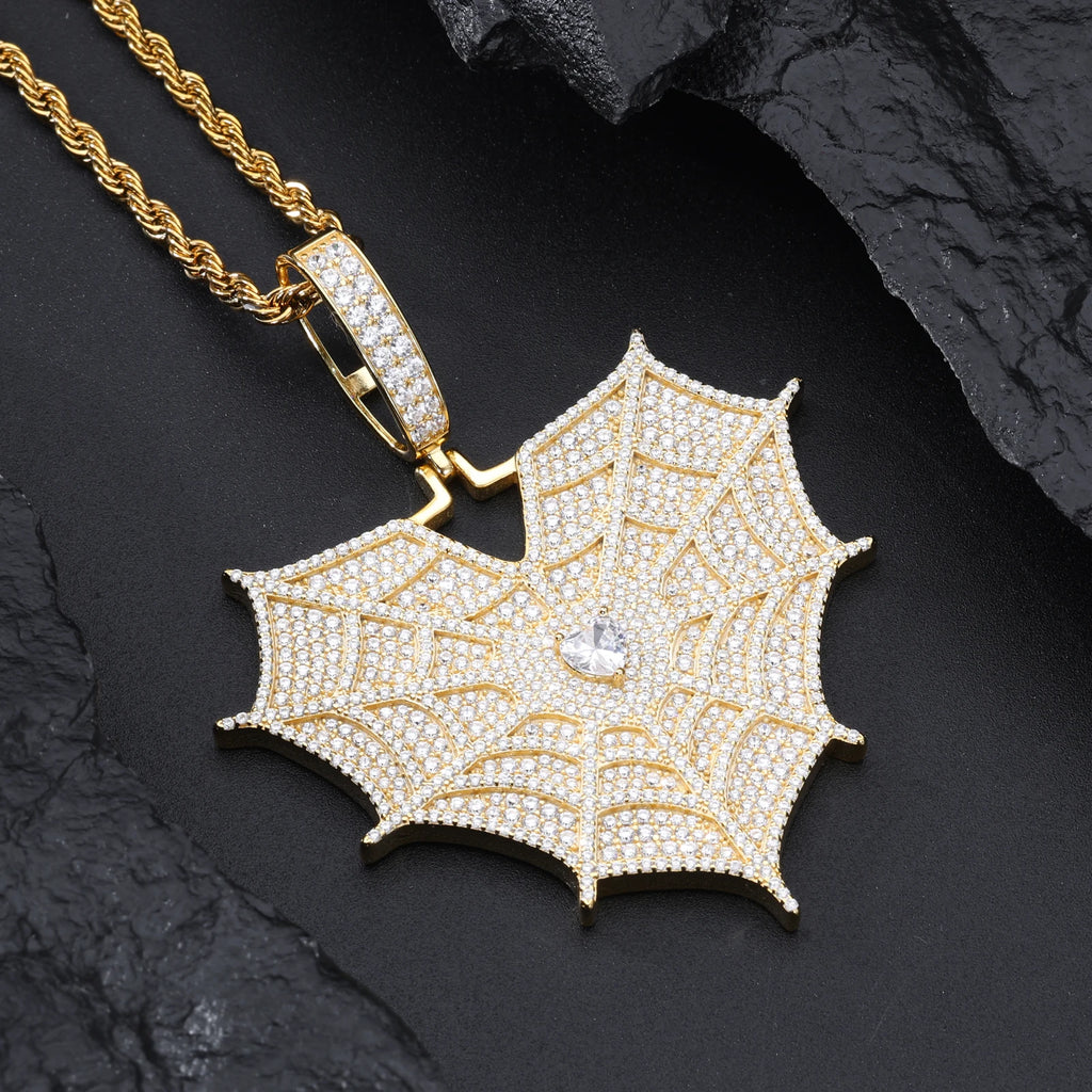 Unisex 925 Sterling Silver VVS Moissanite Iced Out Spider Web Heart Pendant TQP0536