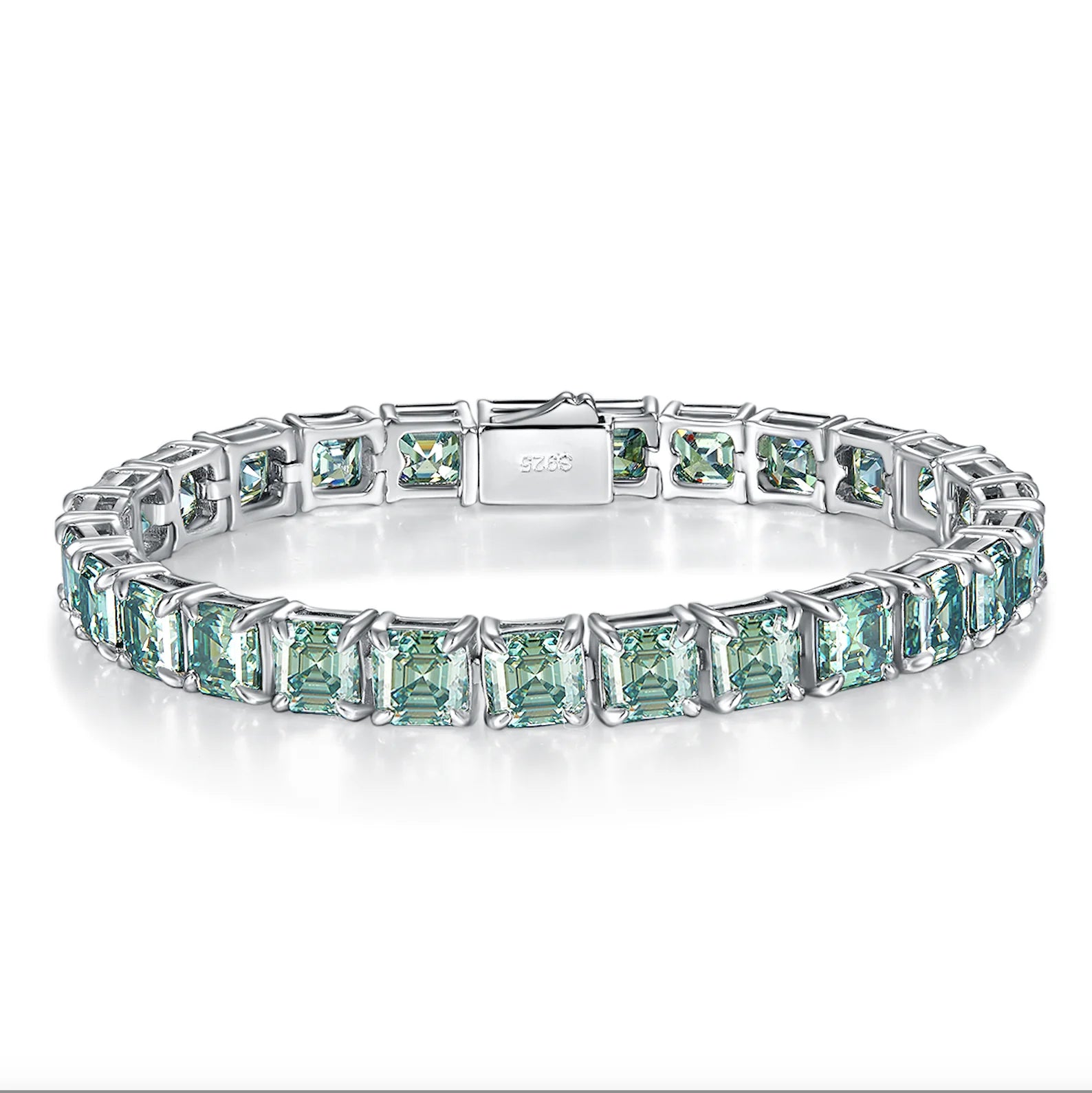 Unisex 5.5mm Asscher Cut Green Moissanite Tennis Bracelet 925 Sterling Silver