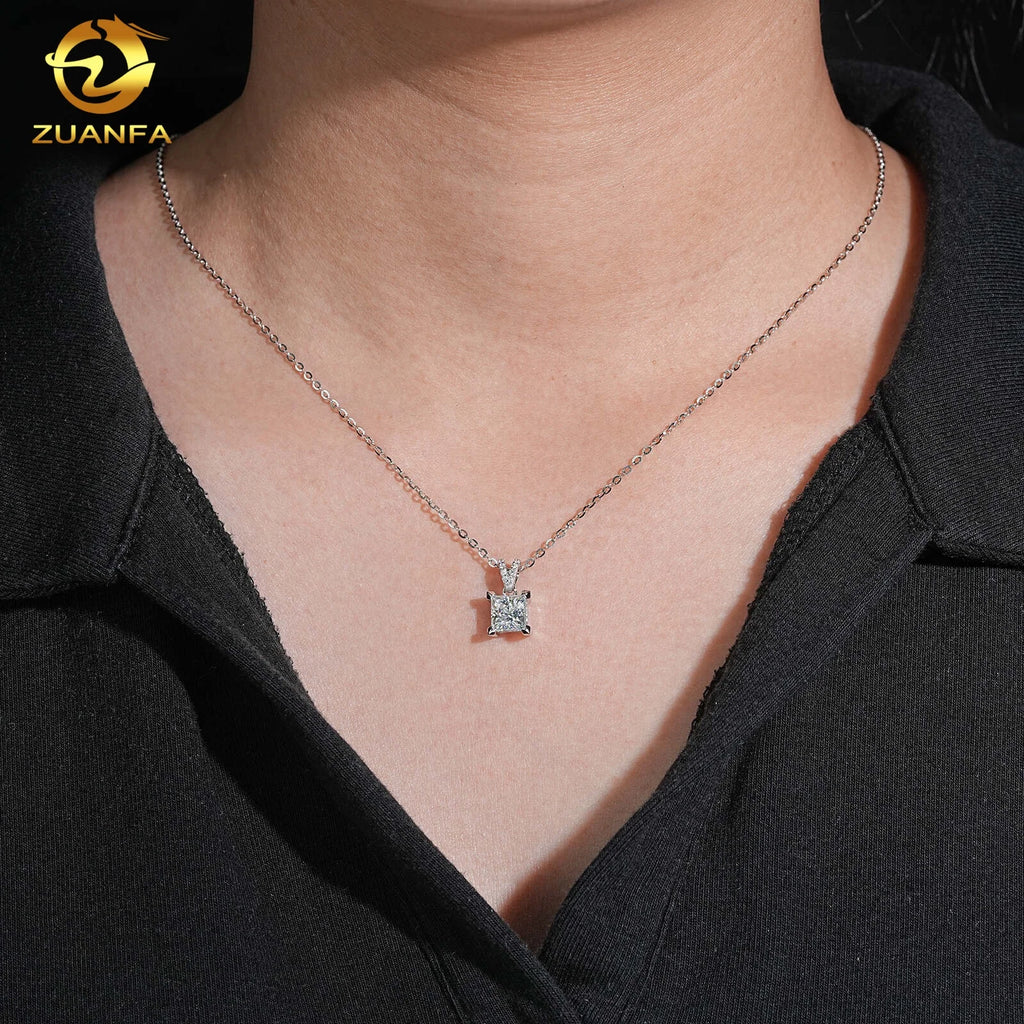 Unisex Iced Out 925 Sterling Silver Moissanite Princess Cut Pendant Necklace