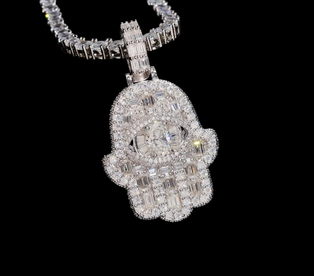 Unisex 925 Sterling Silver VVS Moissanite Hamsa Iced Out Pendant