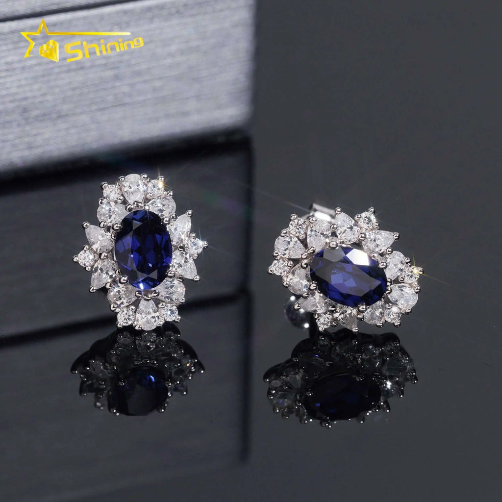 Women's Royal Blue Sapphire and Moissanite Stud Earrings 925 Sterling Silver