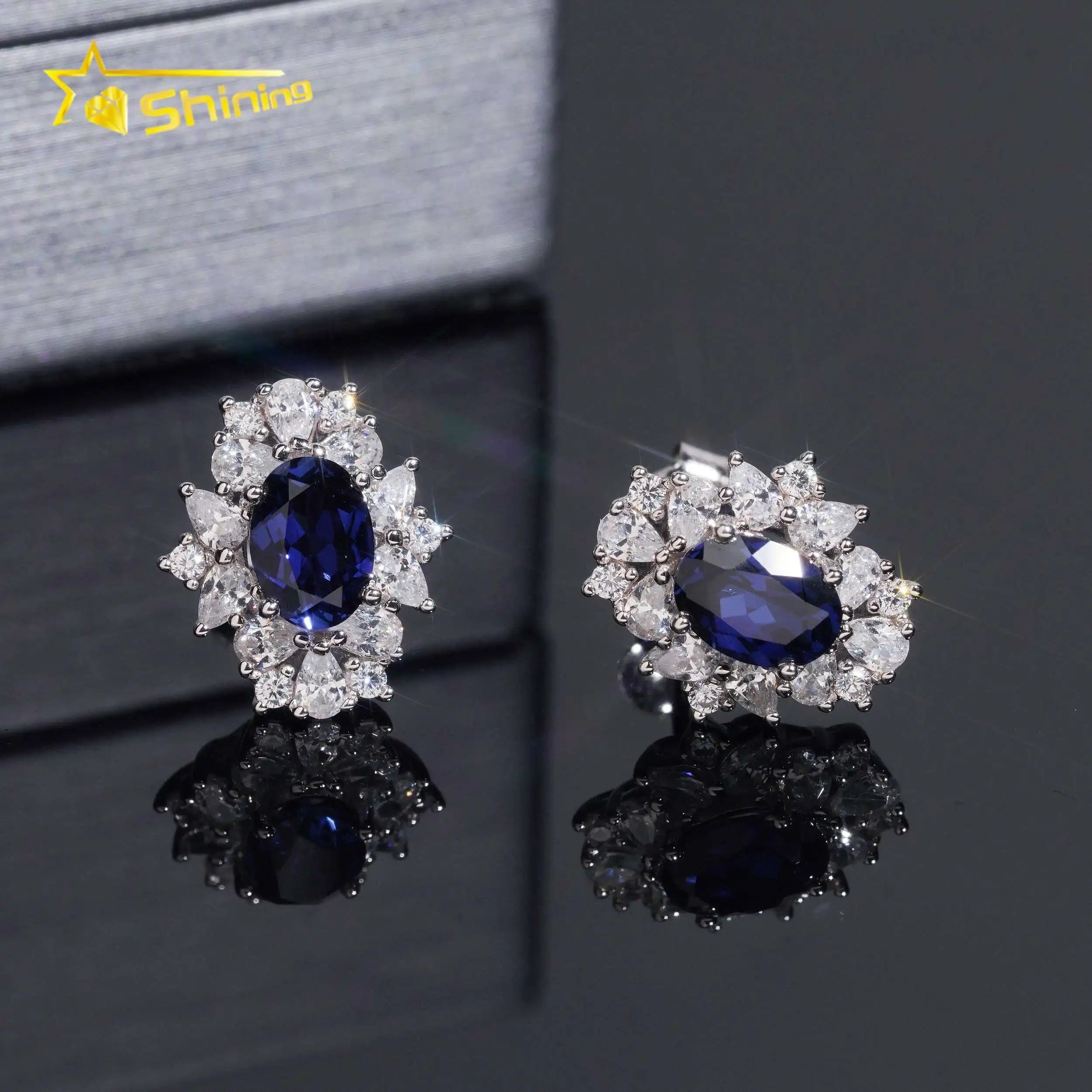 Women's Royal Blue Sapphire and Moissanite Stud Earrings 925 Sterling Silver