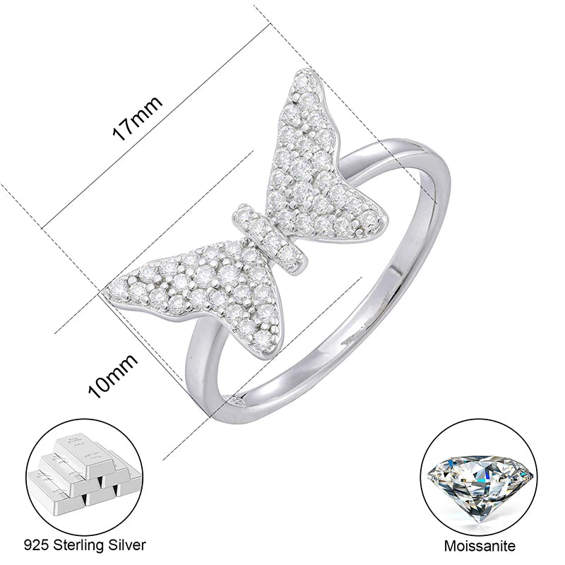 Women's Round Brilliant Cut VVS Moissanite Butterfly Ring 925 Sterling Silver