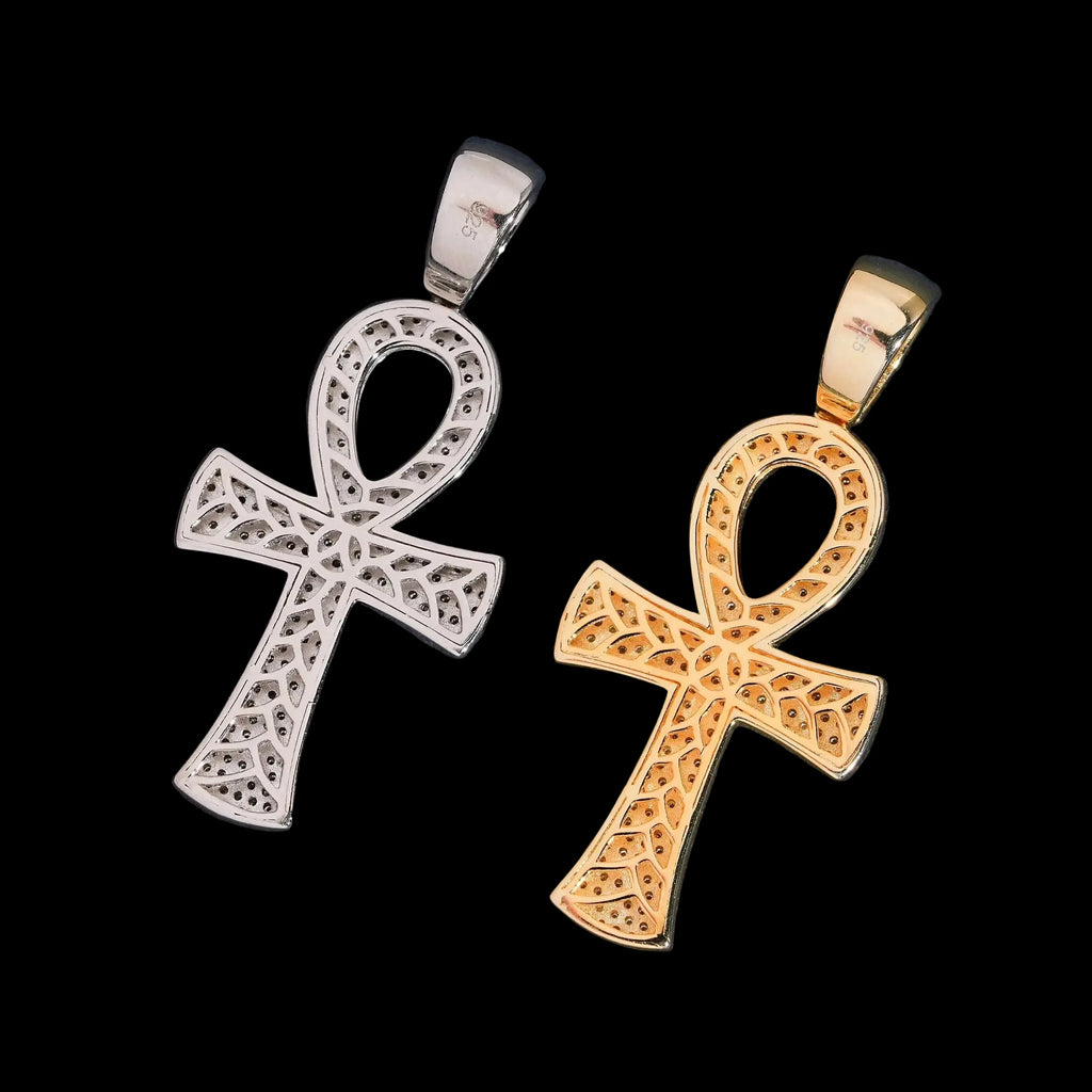 Unisex 925 Sterling Silver VVS Moissanite Ankh Cross Iced Out Pendant P6102